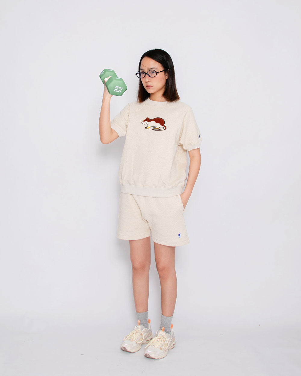 Short Sleeve Sweatshirt - Rat Embroidery - Oatmeal