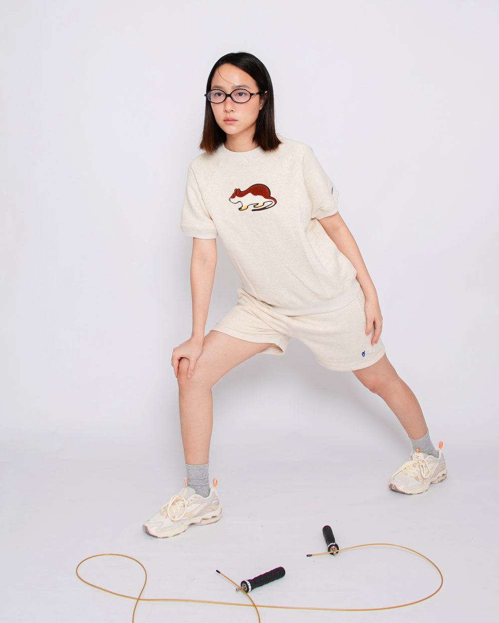 Short Sleeve Sweatshirt - Rat Embroidery - Oatmeal