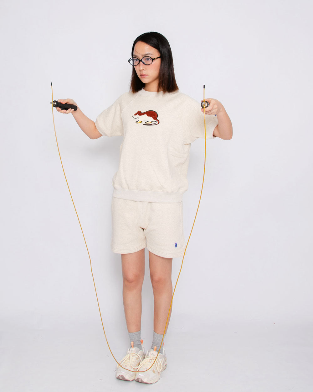 Short Sleeve Sweatshirt - Rat Embroidery - Oatmeal