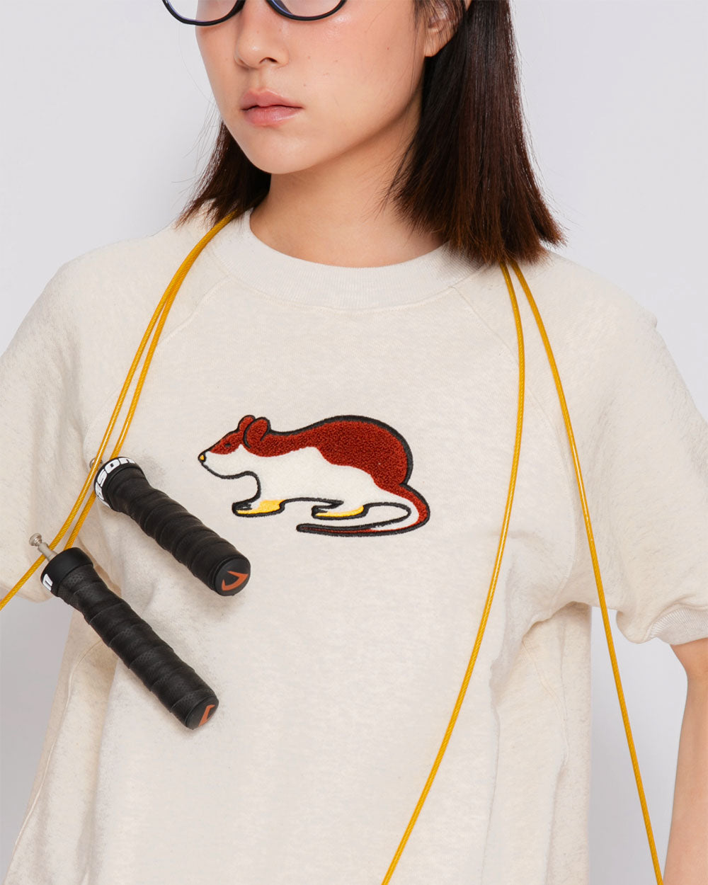 Short Sleeve Sweatshirt - Rat Embroidery - Oatmeal