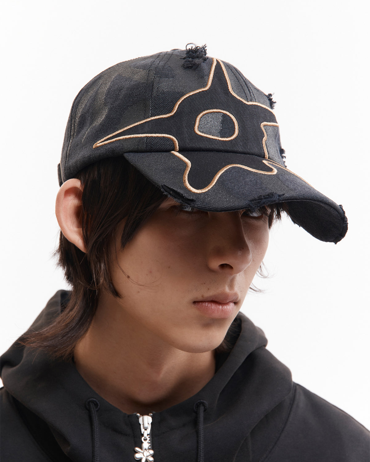Distressed Urchin Tag Baseball Cap - Black Wash