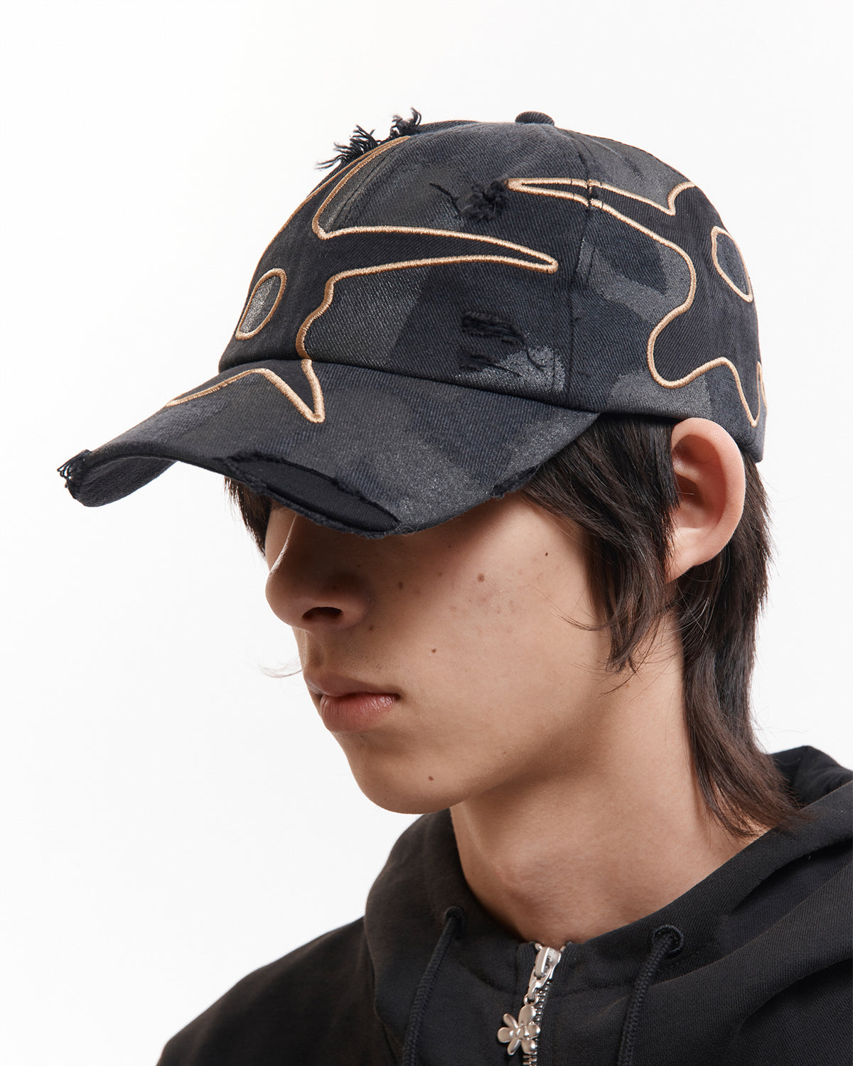 Distressed Urchin Tag Baseball Cap - Black Wash