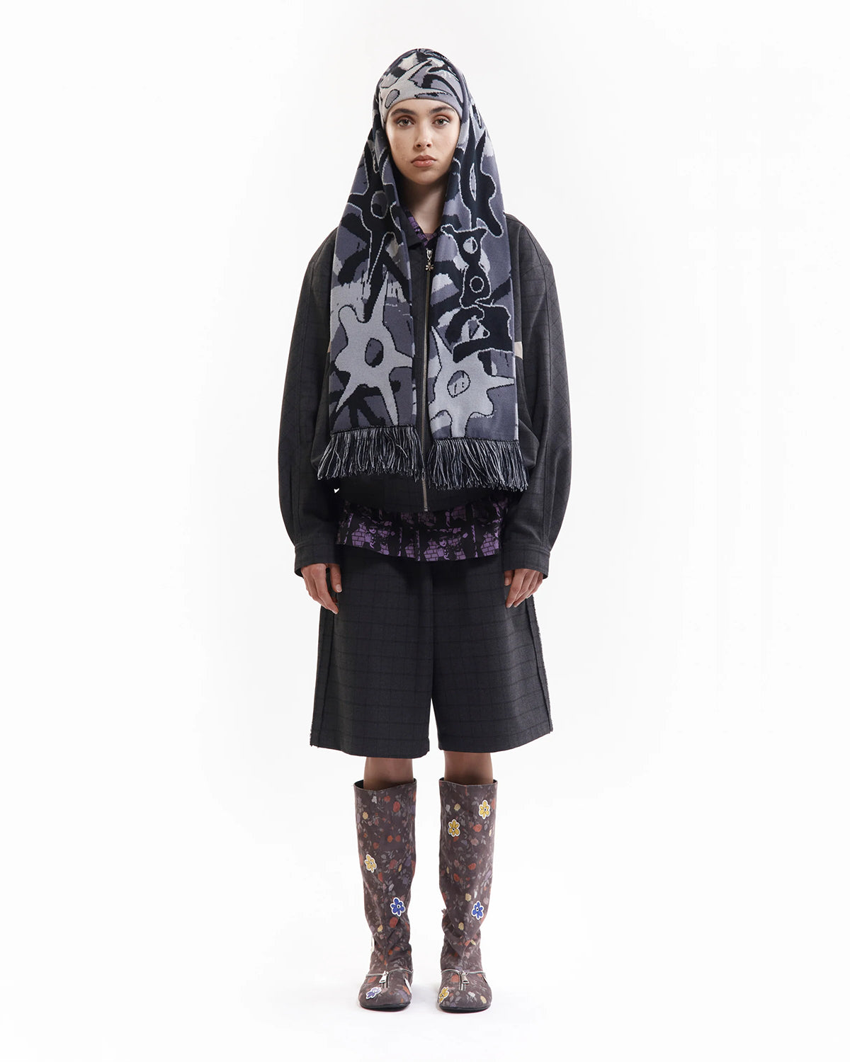 Multi Shot Urchin Bonnet Scarf - Greys