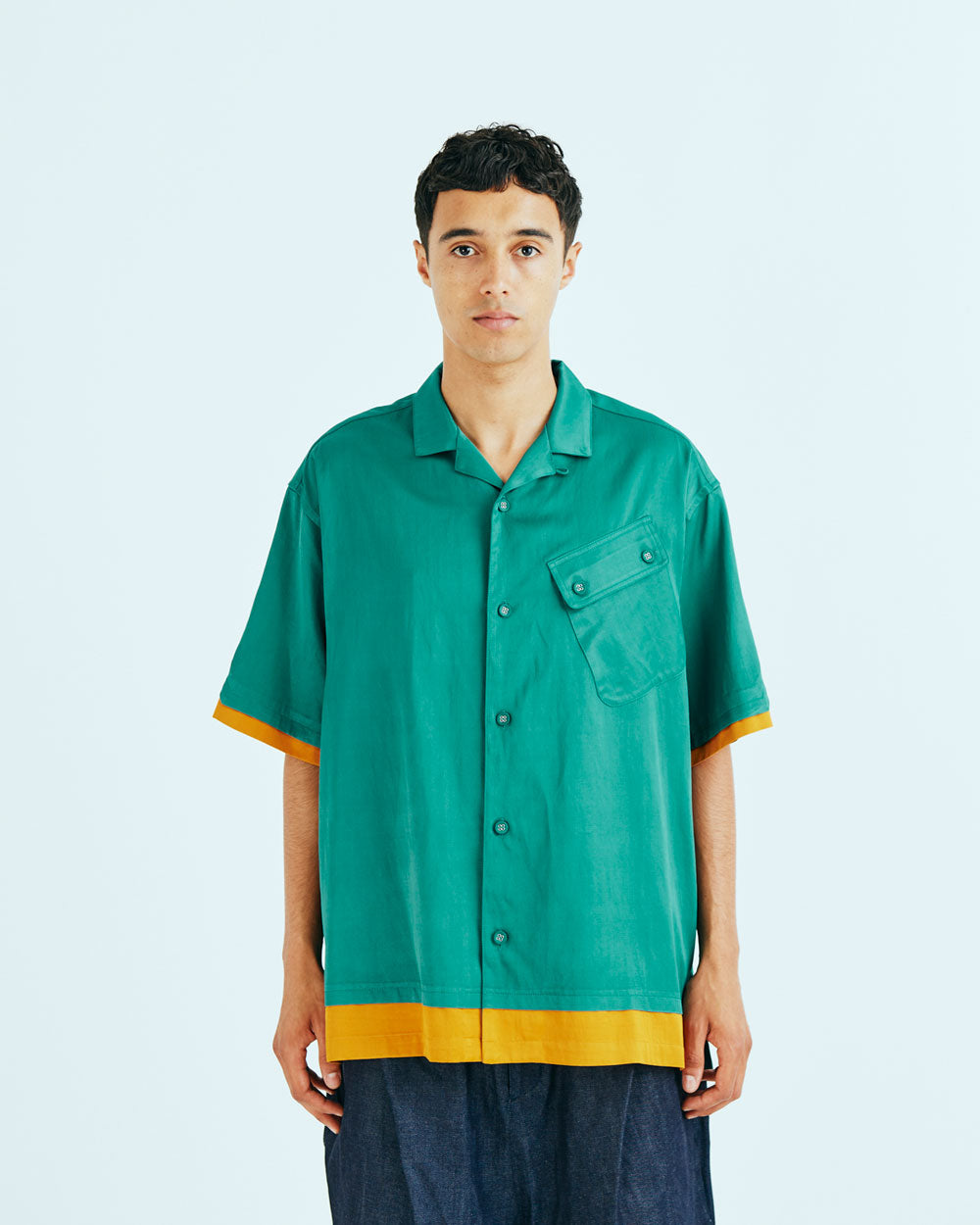 Satin Open Collar Short Sleeve Shirt -Green