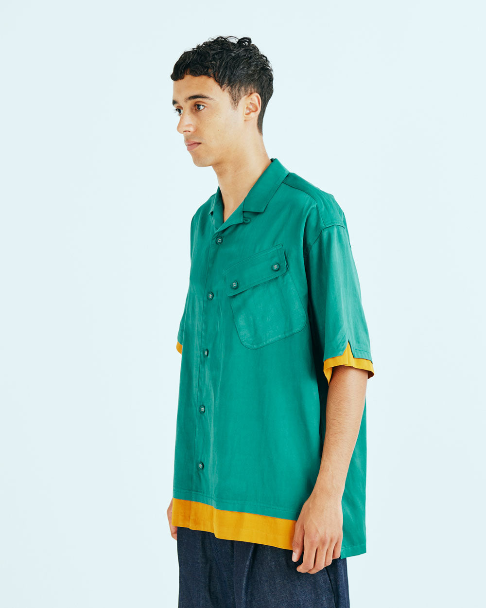 Satin Open Collar Short Sleeve Shirt -Green