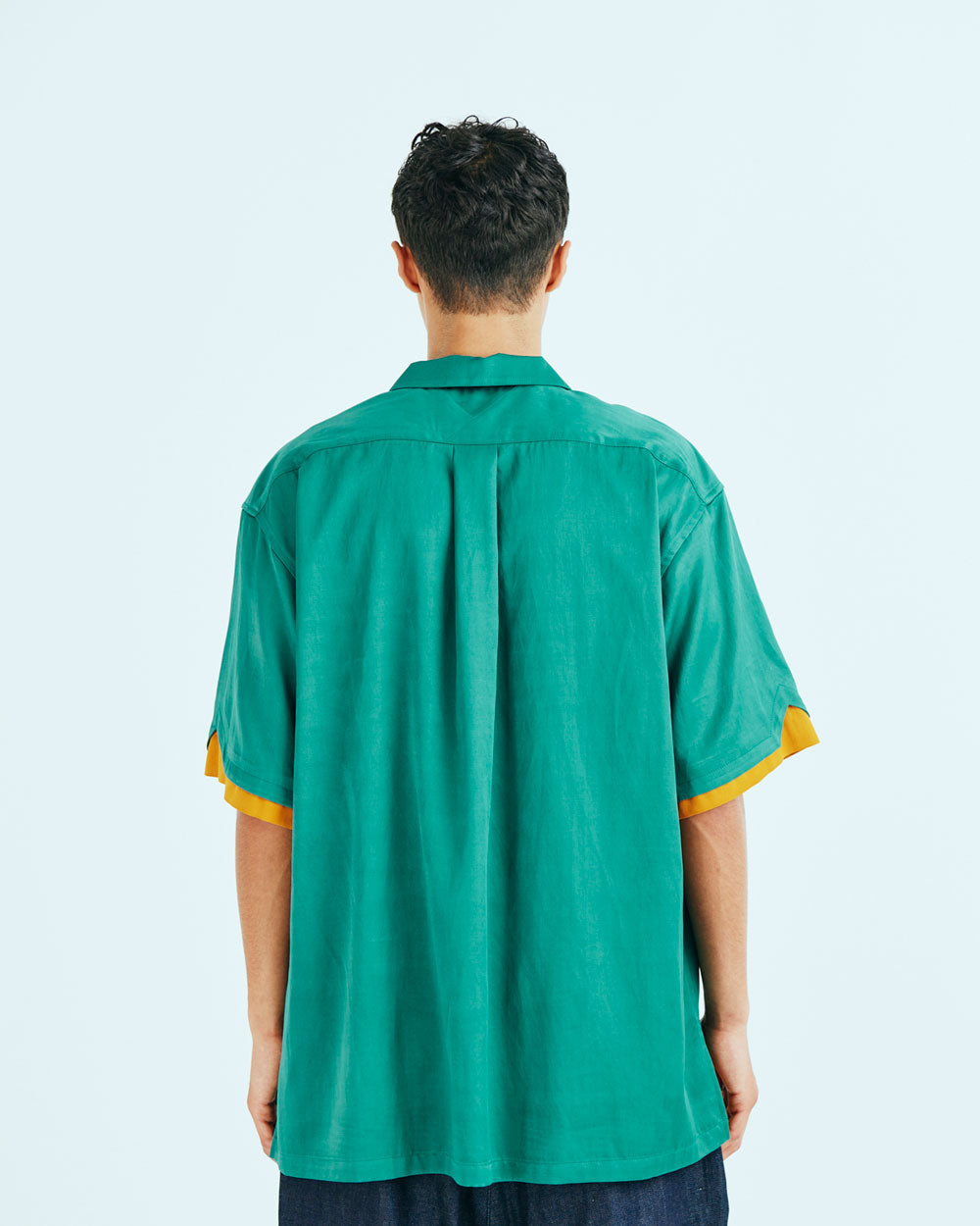 Satin Open Collar Short Sleeve Shirt -Green