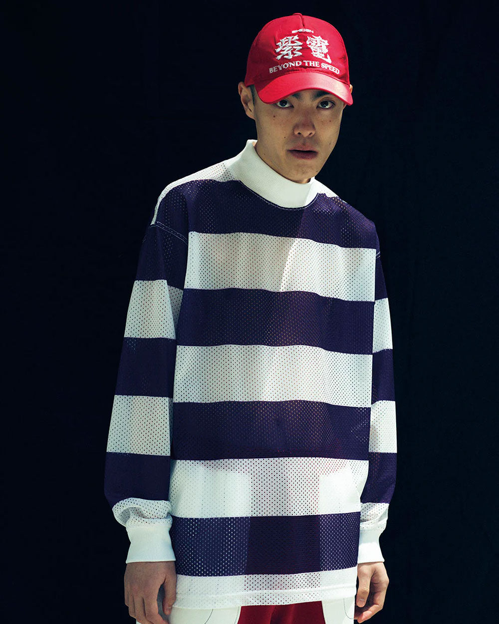 L/S Mock Neck Tee - Poly Mesh, Stripe Printed - Purple